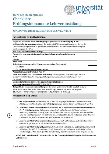 Checkliste PrÃ¼fungsimmanente Lehrveranstaltung - UniversitÃ¤t Wien