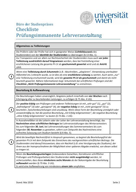 Checkliste PrÃ¼fungsimmanente Lehrveranstaltung - UniversitÃ¤t Wien