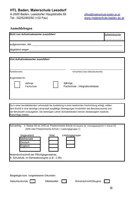 Anmeldebogen FS - HTL Baden, Malerschule Leesdorf