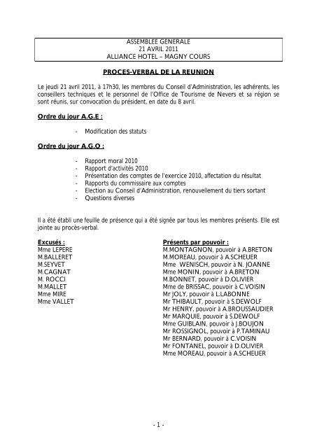 PV de l'assemblÃ©e gÃ©nÃ©rale du 21 avril 2011 - Office de tourisme de ...