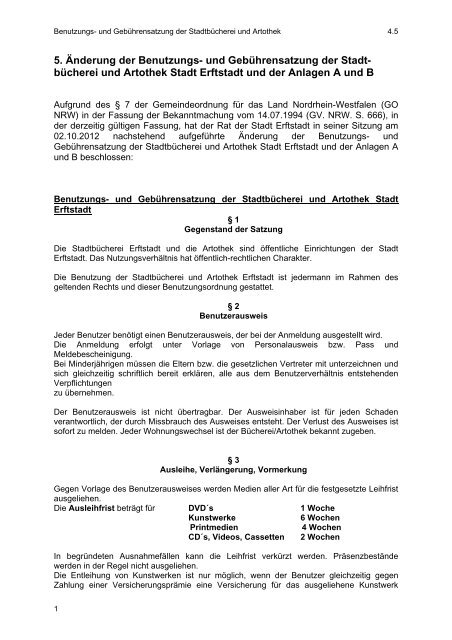 Benutzungs- und Gebührenordnung Stadtbücherei und Artothek