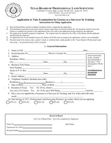 Application to Take Examination for License as a Surveyor In Training