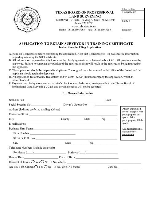 S.I.T. Application to Retain Certificate - Texas Board of Professional ...