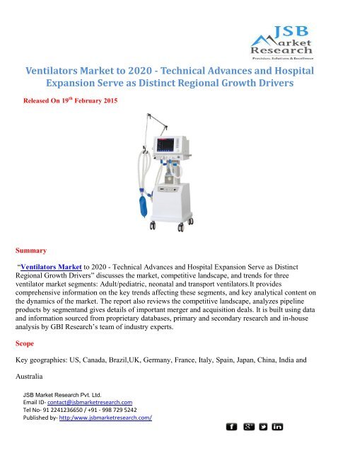 JSB Market Research: Ventilators Market to 2020 - Technical Advances and Hospital Expansion Serve as Distinct Regional Growth Drivers