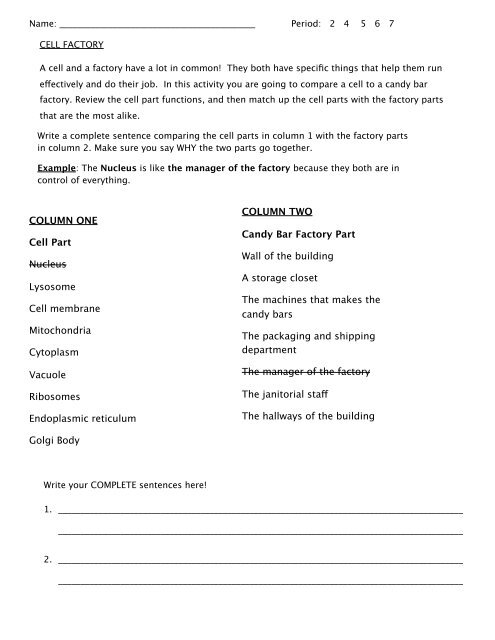 Comparing cell parts worksheet answers