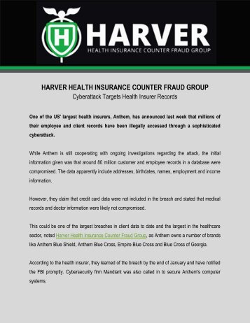 Harver Health Insurance Counter Fraud Group: Cyberattack Targets Health Insurer Records