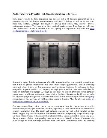 An Elevator Firm Provides High-Quality Maintenance Services