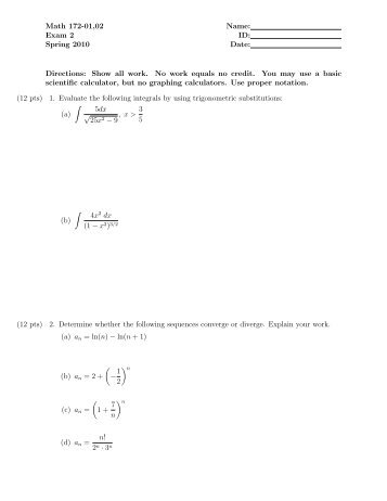 Math 172-01,02 Exam 2 Spring 2010 Name - WSU Vancouver ...