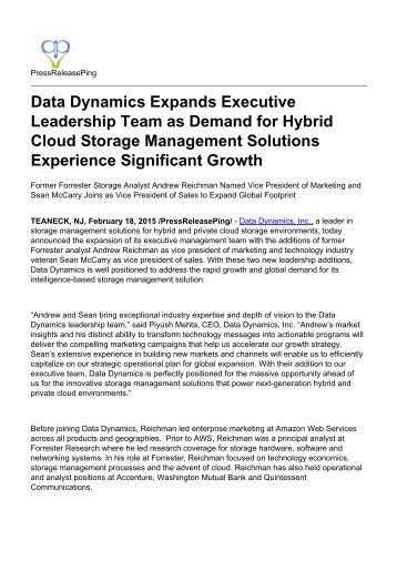 Data Dynamics Expands Executive Leadership Team as Demand for Hybrid Cloud Storage Management Solutions Experience Significant Growth