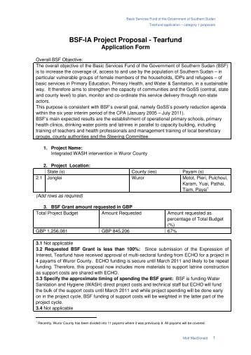 TEARFUND BSF-IA Proposal - Basic Services Fund SOUTH SUDAN