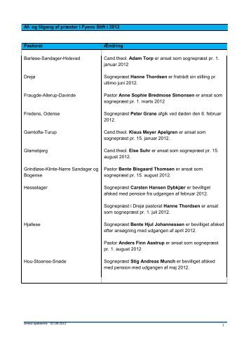 Af- og tilgang af prÃ¦ster i Fyens Stift i 2012 Pastorat ... - fyensstift.dk
