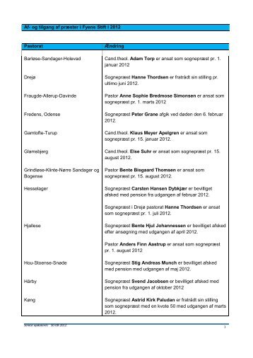 Af- og tilgang af prÃ¦ster i Fyens Stift i 2012 Pastorat ... - fyensstift.dk