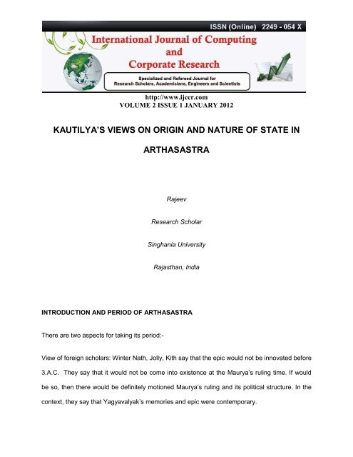 kautilya's views on origin and nature of state in arthasastra - Ijccr.com