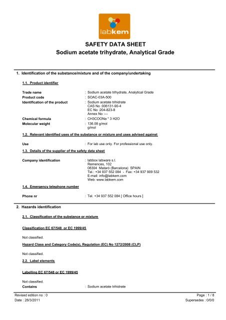 Safety Data Sheet Sodium Acetate Trihydrate Labbox