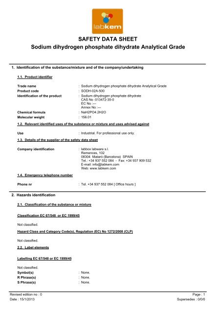 Safety Data Sheet Sodium Dihydrogen Phosphate Labbox