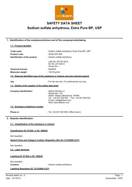 Safety Data Sheet Sodium Sulfate Anhydrous Extra Labbox