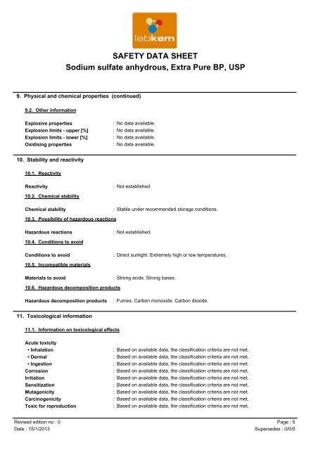SAFETY DATA SHEET Sodium sulfate anhydrous, Extra ... - Labbox