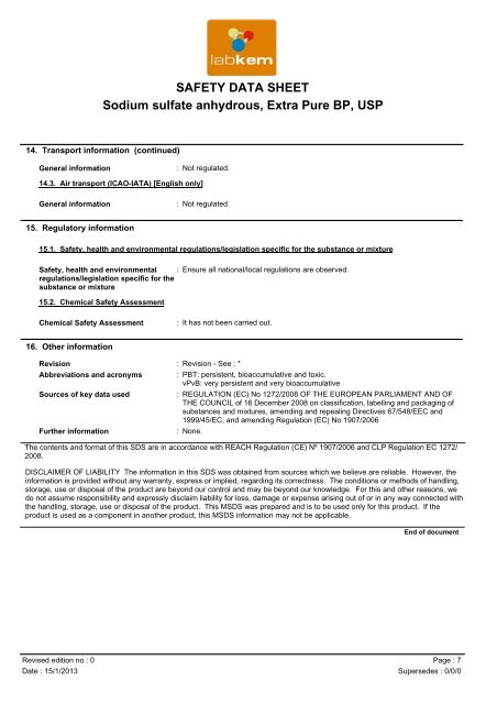 SAFETY DATA SHEET Sodium sulfate anhydrous, Extra ... - Labbox