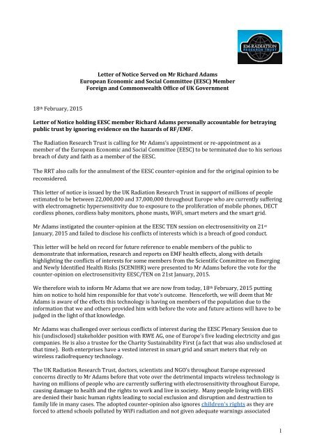 Em Radiation Research Trust Letter Of Notice Served On Mr Richard Adams