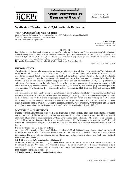 Synthesis of 2-Substituted-1, 3, 4-Oxadiazole Derivatives