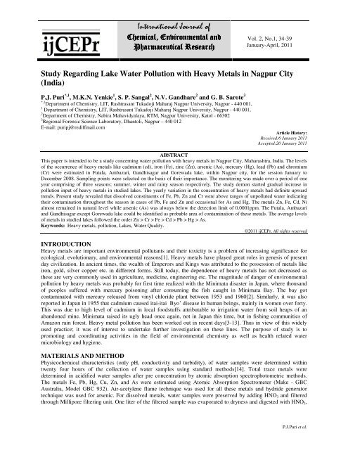 Study Regarding Lake Water Pollution with Heavy Metals in Nagpur ...