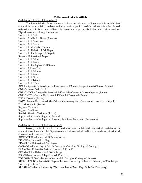 DI RICERCA SVOLTA NEL 2009 - Dipartimento di Studi Geologici e ...