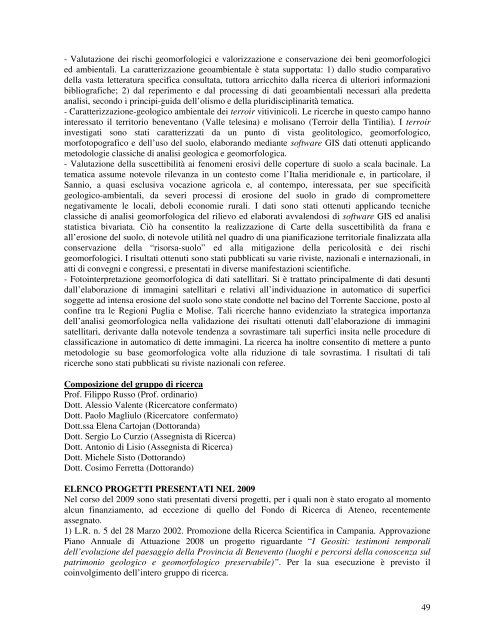 DI RICERCA SVOLTA NEL 2009 - Dipartimento di Studi Geologici e ...