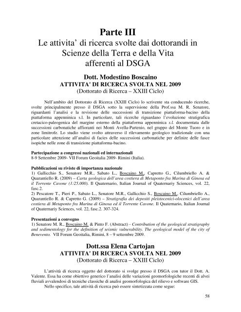 DI RICERCA SVOLTA NEL 2009 - Dipartimento di Studi Geologici e ...