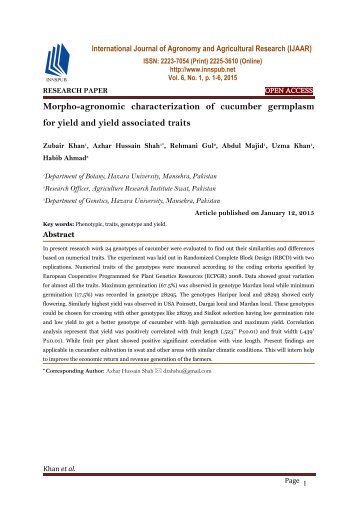 Morpho-agronomic characterization of cucumber germplasm for yield and yield associated traits