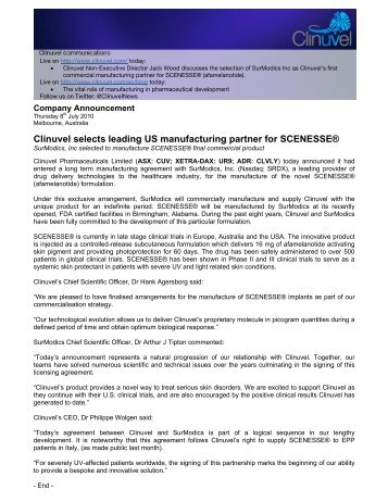 Clinuvel selects leading US manufacturing partner for SCENESSEÂ®