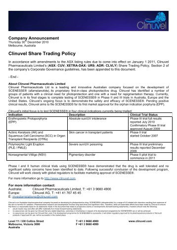 Company Announcement - Clinuvel Pharmaceuticals