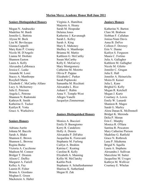 Merion Mercy Academy Honor Roll June 2011 Seniors ...