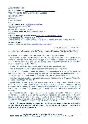 Dura lettera al Commissario UE Kallas - Comitato NO TAV - Torino
