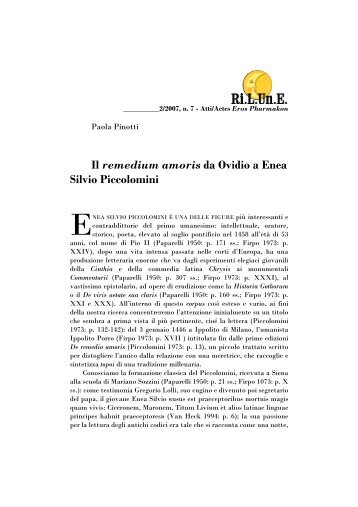 Il remedium amoris da Ovidio a Enea Silvio Piccolomini - RiLUnE