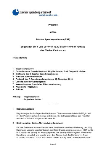 Protokoll achtes ZÃ¼rcher Spendenparlament vom 04.06.10