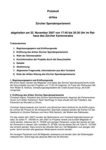 Protokoll drittes ZÃ¼rcher Spendenparlament vom 22.11.07