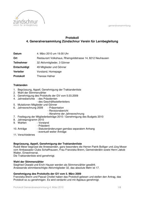 Protokoll der Generalversammlung 2010 - ZÃ¼ndschnur