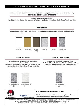 JL & SAMSON STANDARD PAINT COLORS FOR CABINETS