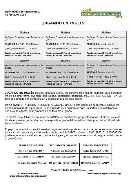 Cuadro completo de actividades extraescolares - AMPA CP Alhambra