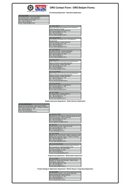 ORS Contact Form / ORS Ä°letiÅim Formu - ORS Bearings