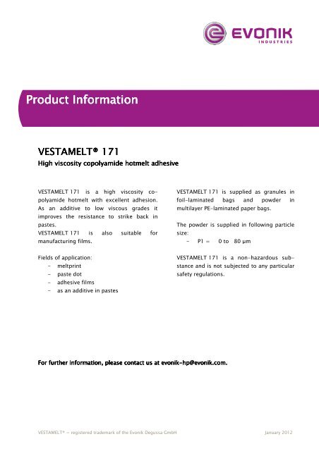 VMELT 171_e12_ad - Adhesives & Sealants by Evonik