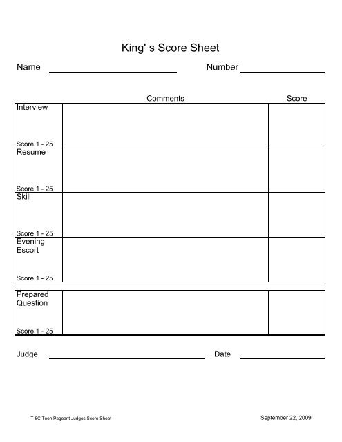 Pageant Judging Score Sheet