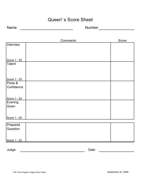 T-8C Teen Pageant Judges Score Sheet