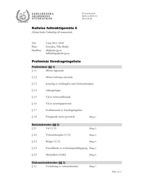 Kallelse fullmÃ¤ktigemÃ¶te 6 PreliminÃ¤r fÃ¶redragningslista