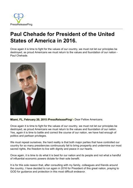 Paul Chehade for President of the United States of America in 2016.