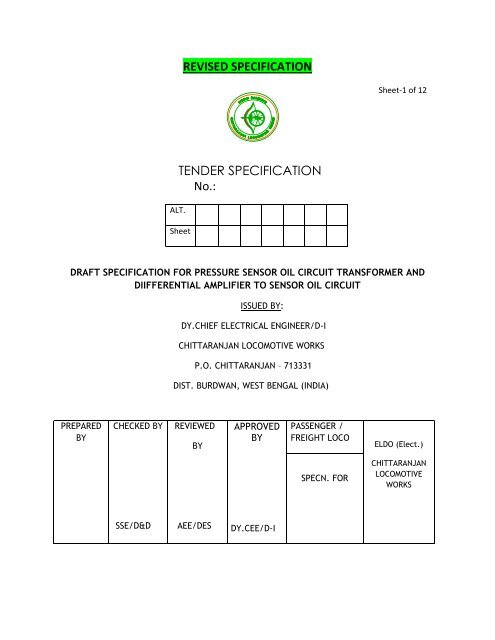 REVISED SPECIFICATION TENDER SPECIFICATION No.: