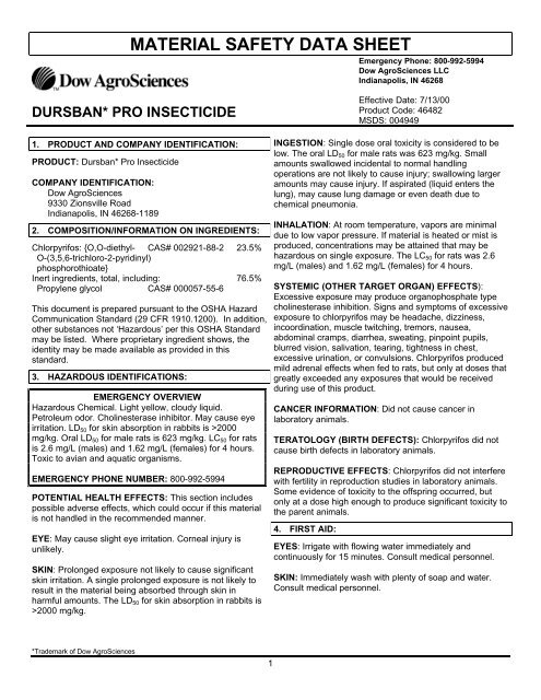 material safety data sheet dursban* pro insecticide