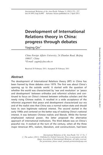 Development of International Relations theory in China: progress ...