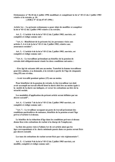 Ordonnance nÂ° 96-18 du 6  juillet 1996 modifiant et ... - Casnos