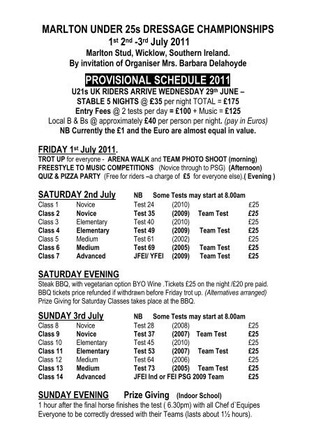 PROVISIONAL SCHEDULE 2011 - Dressage Under 21's UK